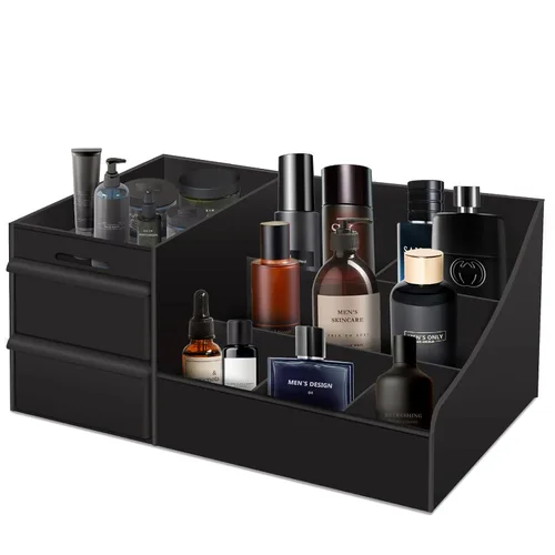Organizador de colonia negro para hombres - Organizador grande de mostrador con cajones para colonia, perfume, afeitado y cuidado de la piel -
