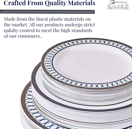 Miniatura 5 de Silver Spoons Juego de vajilla desechable Platos de plástico resistente Elegante aspecto fino de porcelana Incluye: 20 platos llanos, 20