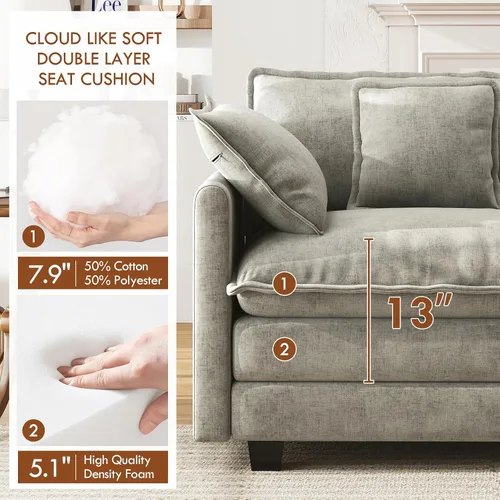 Miniatura 3 de WorthFurni Sofá Seccional Modular de 111.4", Sofá de Nube en Forma de U con 2 Otomanas Móviles, Cómodo Sofá de Chenille de Asiento Profundo