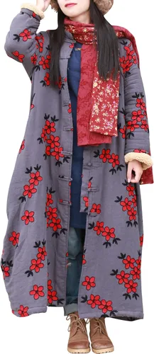 LZJN Gabardina para mujer, chaqueta bordada floral, larga, de algodón, lino, ropa estilo cottagecore, ropa de retazos