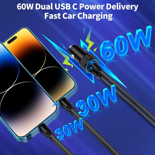 Miniatura 4 de 【MFi Certified】iPhone Car Charger Fast Charging, Linocell 60W Dual USB C Car Power Cigarette Lighter Car Carplay Charger with 2Pack Type C to Black
