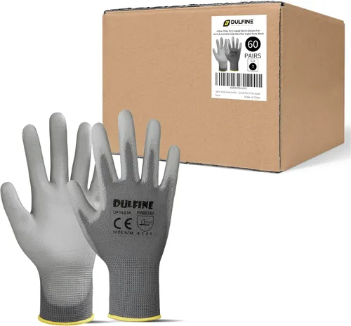 Miniatura 15 de DULFINE Guantes de trabajo de seguridad con revestimiento de poliuretano para hombres y mujeres - 12 pares, guante de punto sin costuras negro