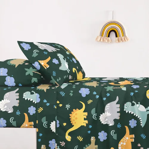 Miniatura 4 de Wake In Cloud - Sábanas de dinosaurio para niños, 100% algodón, juego de sábanas de 4 piezas para niños, ropa de cama estampada con patrón de hojas