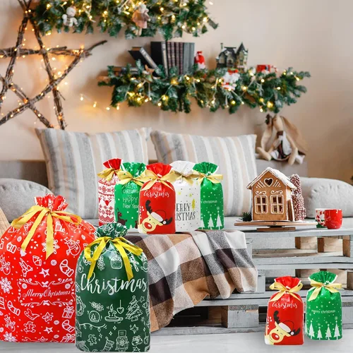 Miniatura 6 de ZMCINER 38 PCS bolsas de regalo de Navidad con cordón de varios tamaños, bolsas de Navidad con cordón para regalos de Navidad, regalos