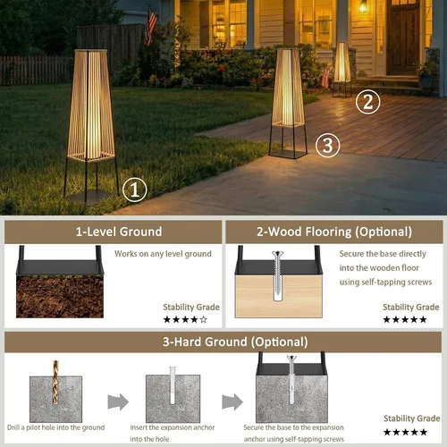 Miniatura 5 de Juego de 2 lámparas de pie para exteriores, faroles solares de ratán impermeables para exteriores, para balcón, terraza, jardín y patio (natural)