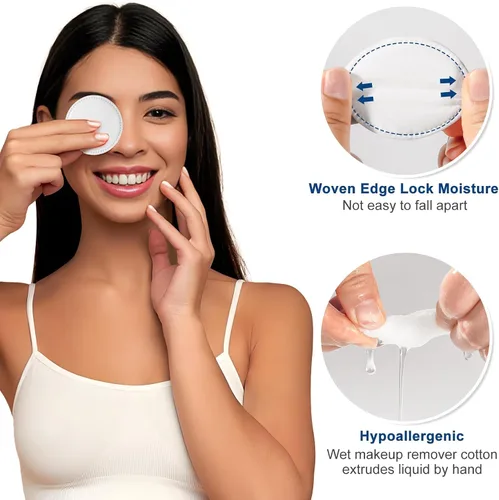 Miniatura 6 de Rondas de algodón para limpieza facial y eliminación de esmalte de uñas (300 unidades) – 100 unidades, paquete de 3, 100% algodón puro, almohadillas