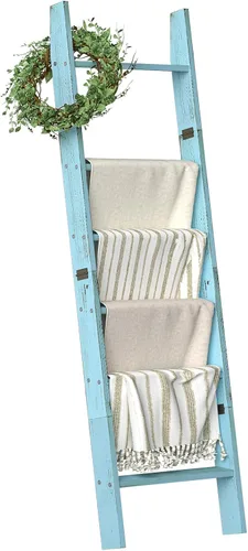 Miniatura 11 de HONEST OUTFITTERS Escaleras para Mantas para la Sala de Estar, Soporte de Mantas de 5 Niveles, Estante de Mantas Inclinado en la Pared, Estantes