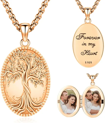 Eusense Collar con medallón que sostiene imágenes de plata de ley 925 con medallón de fotos para mujeres y hombres, dorado