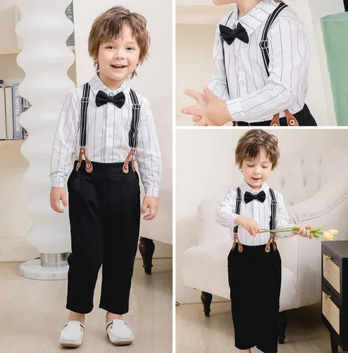 Miniatura 5 de Conjunto de 2 piezas para bebé, caballero blanco y negro con corbatín y pantalones para bebé, conjunto formal con tirantes