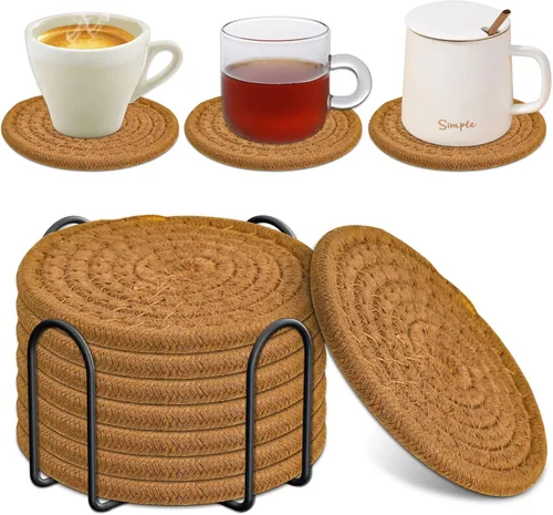 Miniatura 8 de Mckanti Paquete de 8 posavasos con soporte, posavasos absorbentes para mesa de café, juego de posavasos de algodón minimalista tejido