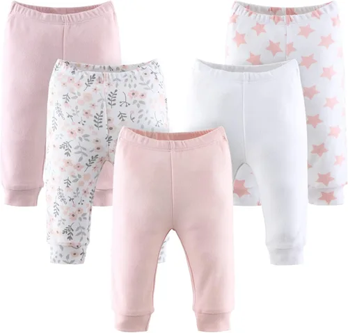 The Peanutshell Conjunto de pantalones para bebé niña Paquete de 5 en tallas de recién nacido a 24 meses Floral, rosa, blanco, estrellas