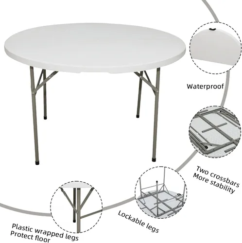 Miniatura 5 de Mesa plegable redonda de 48 pulgadas, mesa redonda portátil de HDPE resistente de 4 pies, mesa de comedor plegable de plástico para interiores