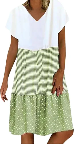 Vestidos de verano de talla grande para mujer, vestido de playa de manga corta con vuelo, casual, cuello en V, bloques de color, vestidos de retazos