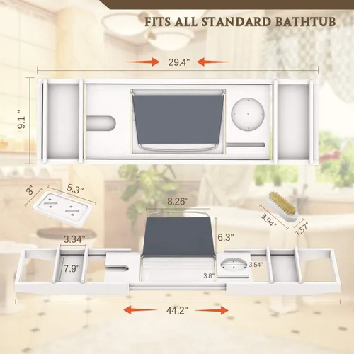 Miniatura 6 de Bandeja Organizadora para Bañera para Baño de Lujo - Mesa de Baño de Bambú Impermeable Expandible sobre la Bañera con Portavinos y Portallibros