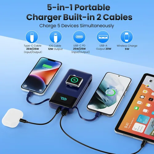 Miniatura 3 de Cargador Portátil PowerBank 40,800mAh con Cables Integrados, Carga Rápida PD de 25W + Carga Rápida QC 4.0 para Teléfono, Paquete de Batería Cargador