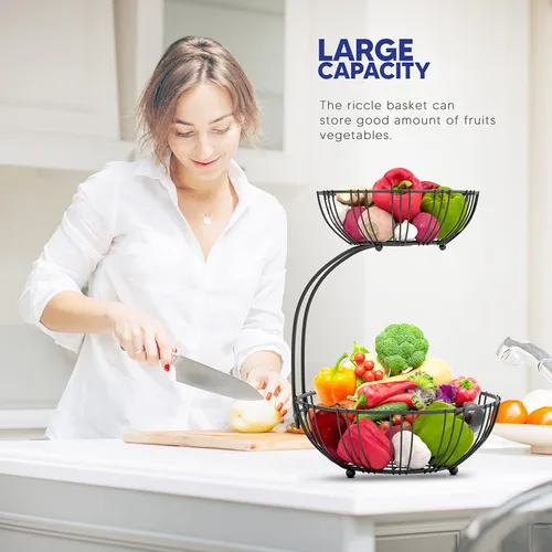 Miniatura 4 de RICCLE Cesta de frutas para encimera de cocina - Cesta de frutas con colgador de plátano - Frutero de alambre de metal de doble capa para encimera