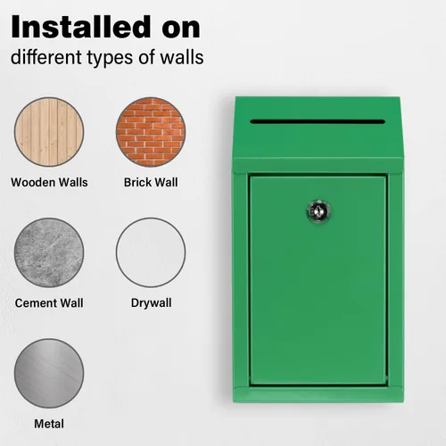 Miniatura 5 de Caja de donación de metal EIENHOSHI con cerradura, montada en pared, caja de sugerencias con 4 llaves de hierro, verde, caja de depósito de efectivo