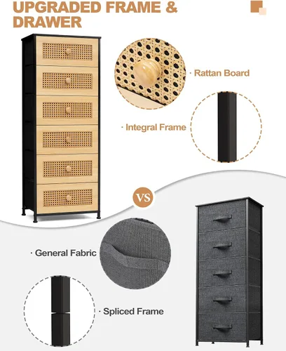 Miniatura 5 de Crestlive Products Cómoda de ratán, torre de almacenamiento alta de tela, cómoda con asas, unidad organizadora para dormitorio, pasillo, entrada
