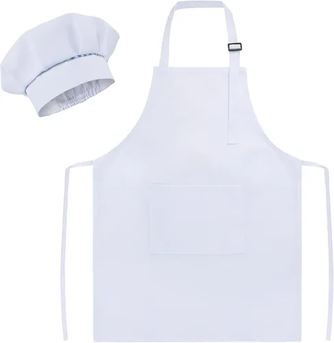 SUNLAND Juego de delantal y gorro para niños, delantal de chef para niños para cocinar, hornear y pintar Blanco