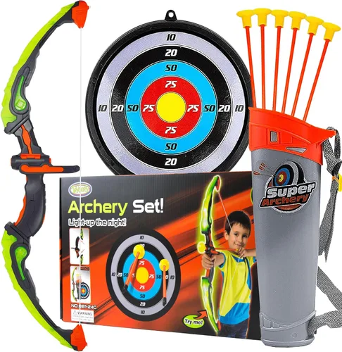 Toysery Juego de tiro con arco para niños con luces flash LED, arco de juguete y flechas para niños de 6 a 8 años, incluye arco de tiro con arco, 6