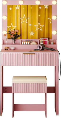 Miniatura 11 de VINGLI - Escritorio de maquillaje con estantes acanalados y espejo con luces y toma de corriente, mesa de tocador pequeña con 2 cajones y 4 estantes