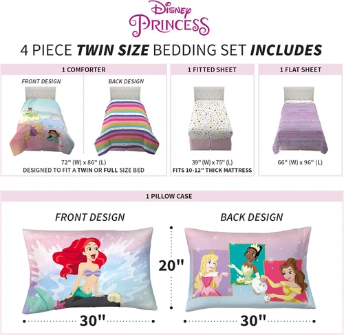 Miniatura 4 de Franco Juego de sábanas y edredón súper suave para niños, 4 piezas, tamaño individual, princesa Disney Ariel, la Sirenita