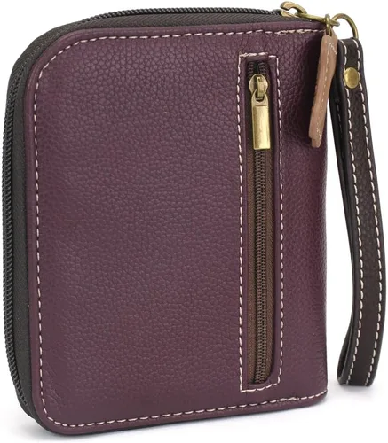Miniatura 3 de Chala Cartera de piel vegana con cremallera alrededor con correa para la muñeca, Bulldog Francés - Ciruela, Cartera de pulsera