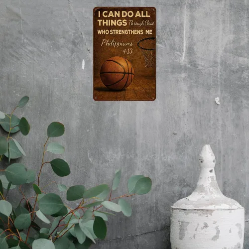 Miniatura 5 de Letrero decorativo de baloncesto "Puedo hacer todas las cosas a través de Cristo", letrero de baloncesto vintage de metal para pared, arte de pared