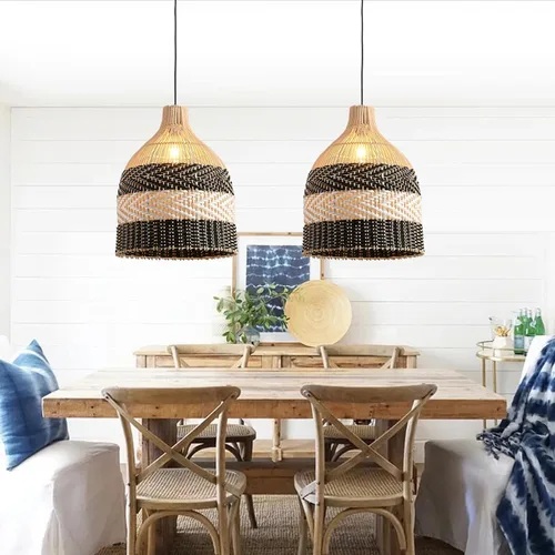 Miniatura 8 de Lámpara Colgante de Ratán 1 Paquete Candelabro de Cesta de Ratán Sintético Negro Blanco 11.8" Boho Tejido a Mano Ovalado de Mimbre Lámpara Colgante