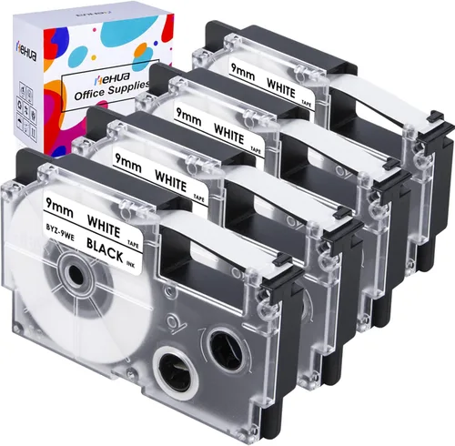 Hehua Paquete de 4 cintas de etiquetas de repuesto compatibles para Casio XR-9WE XR9WE XR-9WE2S Cinta de etiquetado de 0.354 in 3/8 negro sobre