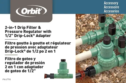 Miniatura 7 de Orbit 67798 Filtro regulador de presión de riego por goteo de 30 PSI Sistema MPT 3 en 1 con adaptador de bloqueo por goteo