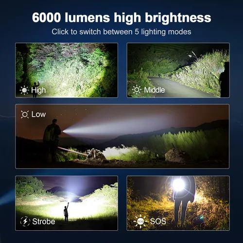 Miniatura 3 de KZK Linterna recargable de 9000 lúmenes altos con mango largo, potente linterna de mano con 11 modos de luz, impermeable y zoomable para el hogar