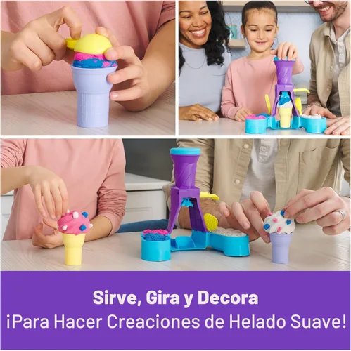 Miniatura 3 de Kinetic Sand, Estación de servicio suave con arena de juego de 14 onzas (azul, rosa y blanco), 2 conos de helado y 2 herramientas, juguetes