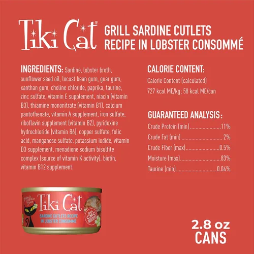 Miniatura 4 de Tiki Cat Grill - Alimento húmedo bajo en carbohidratos con mariscos enteros en caldo para gatos y gatitos adultos, 2.8 onzas, 12 unidades, sardina