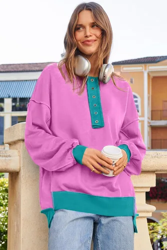 Miniatura 82 de AlvaQ - Sudadera de gran tamaño para mujer, informal, de manga larga, con botones y cuello Henley, tipo túnica