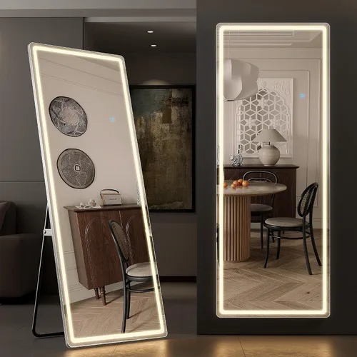 Miniatura 15 de Espejo arqueado de cuerpo entero con luces LED, espejo de piso de 60"x16" con soporte, espejos corporales de piso con atenuación e iluminación de 3
