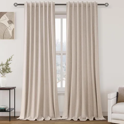 Miniatura 68 de Cortinas de lino 100% opacas para dormitorio, 102 pulgadas de largo, con pestaña trasera, bolsillo para barra, paneles acústicos con aislamiento