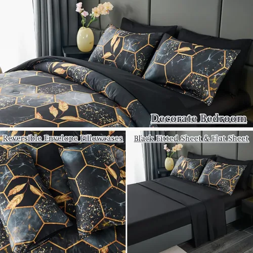 Miniatura 4 de ZRNBAST - Juego de edredón de nido de abeja negro de tamaño completo de 7 piezas, ropa de cama hexagonal suave y ligera, de mármol para todas