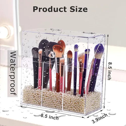 Miniatura 5 de LOHRYVIO Soporte acrílico para brochas de maquillaje con tapa abatible inclinada, organizador de brochas de maquillaje transparente a prueba