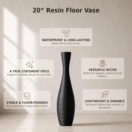Miniatura 3 de Leewadee Florero decorativo alto para decoración de sala de estar, 20 ″, negro, resina