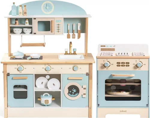 ROBUD Juego de cocina de madera para niños pequeños, juego de cocina de juguete con horno, lavadora, juego de cocina realista, cocina de juego de