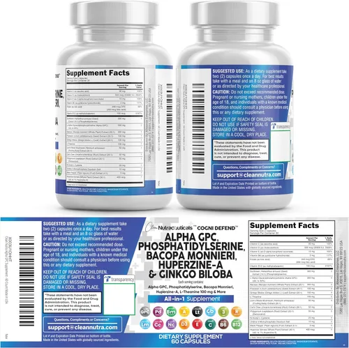Miniatura 9 de Clean Nutraceuticals Alpha GPC Colina Fosfatidilserina Bacopa Monnieri Ginkgo Biloba Huperzina A Suplemento con Urdina, Mane de León, Garra de Gato