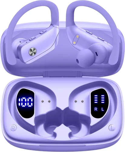 Auriculares inalámbricos Bluetooth 48 horas de reproducción para entrenamiento, color púrpura. Auriculares con pantalla LED incorporada y ganchos de