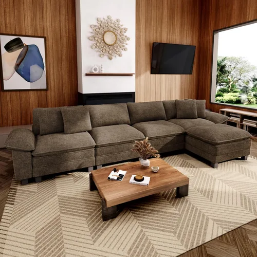 Miniatura 30 de MIXPATIO Sofá modular en forma de L de 123 pulgadas con cojines de nube, juego de sofá modular de asiento profundo con 4 asientos y 1 otomana, Gris