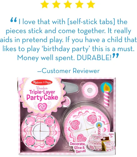 Miniatura 11 de Juguete de madera en forma de pastel de fiesta de tres capas Melissa & Doug, construcción robusta con pestañas autoadhesivas, gran regalo para niñas