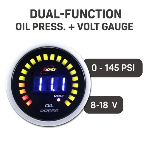 Miniatura 3 de RACETECH Medidor Digital Dual de Presión de Aceite y Voltímetro - 145 PSI, 8~18V - 52 mm 2-1/16" 20 LED Anillo Exterior Azul con Función