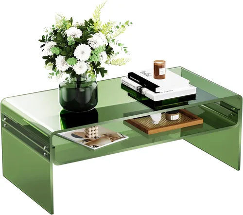 Miniatura 9 de Mesa de café acrílica para sala de estar con estante de almacenamiento abierto, mesa rectangular transparente de Lucite (1, Transparente, Normal)