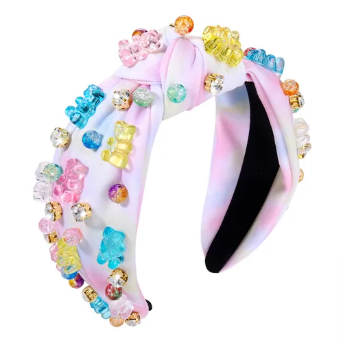 ZITULRY Diadema anudada para mujer, de cristal, osito de gomita, adornado con nudo superior, diadema de moda con turbante ancho, regalos divertidos