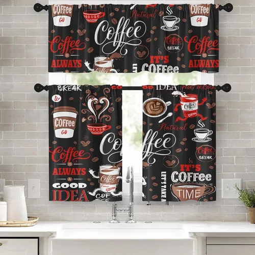 Miniatura 7 de Cortinas de Ventana de Cocina con Temática de Café, Juego de Cenefa y Niveles, Cortina Corta Marrón Estilo Granja con Bolsillo para Varilla