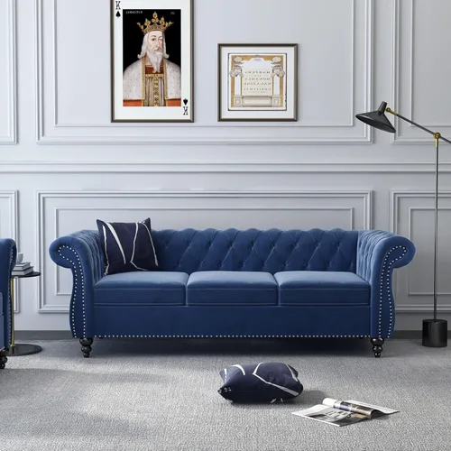 Miniatura 31 de ORRD - Sofá Chesterfield de Terciopelo, Sofá Moderno de Terciopelo con 3 Asientos con Brazos Enrollados y Clavos para Sala de Estar, Dormitorio